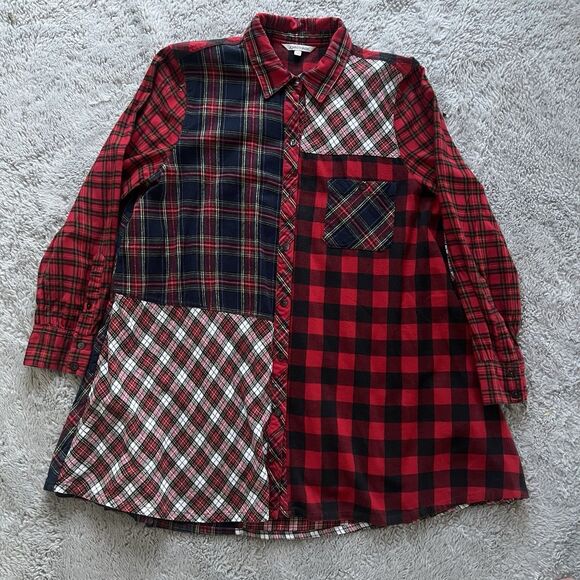 John Mark Plaid Patchwork Button Up Flannel Tunic READ Missing Two Buttons XL - Picture 2 of 10